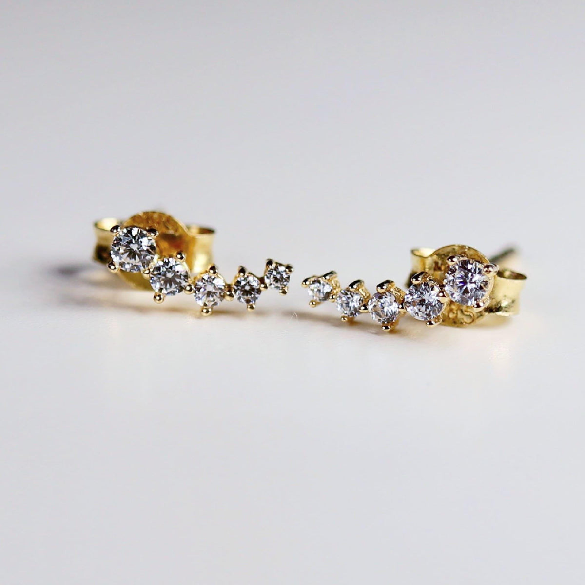14k Gold 5 Stone CZ Ear Climber Earrings (SINGLE or PAIR), Simulated Diamond Cluster Ear Crawler Earrings - Melt'm Jewelry