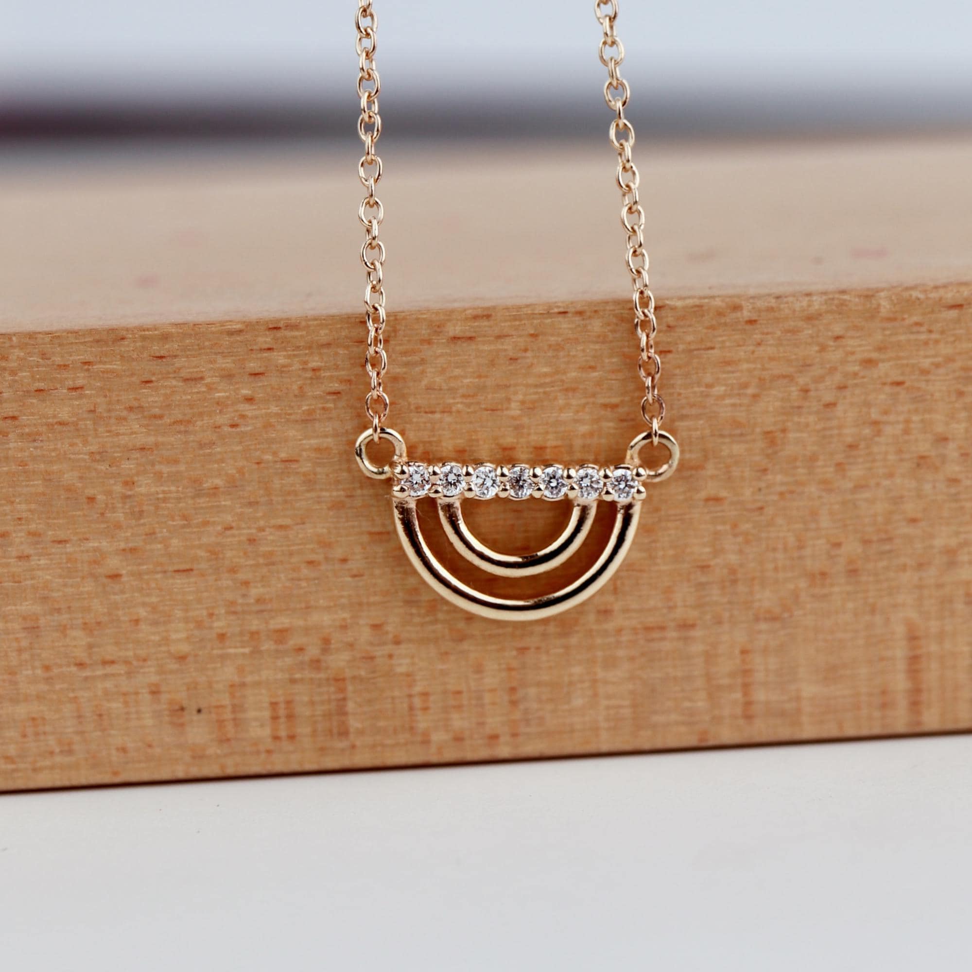 10K Solid Gold Diamond Rainbow Necklace, Lab Grown Diamond Pendant, Dainty Gold Necklace, Adjustable 16-20", Gift for Her