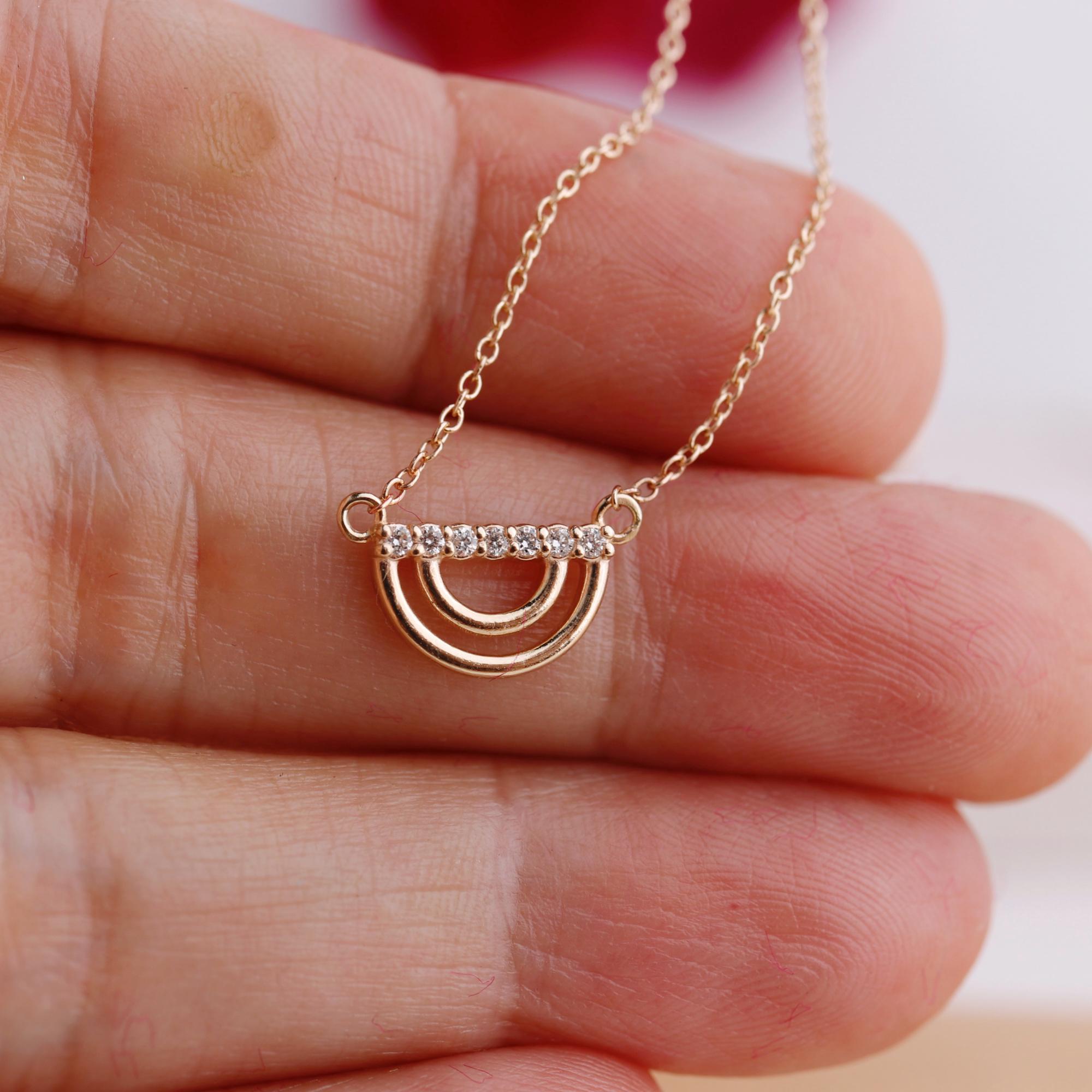 10K Solid Gold Diamond Rainbow Necklace, Lab Grown Diamond Pendant, Dainty Gold Necklace, Adjustable 16-20", Gift for Her