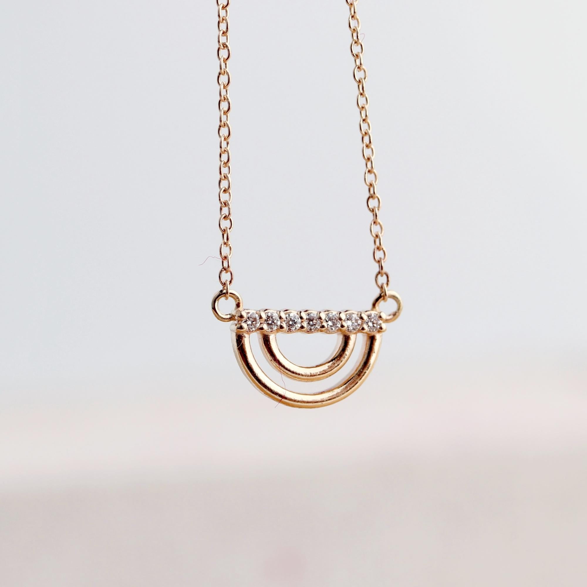 10K Solid Gold Diamond Rainbow Necklace, Lab Grown Diamond Pendant, Dainty Gold Necklace, Adjustable 16-20", Gift for Her