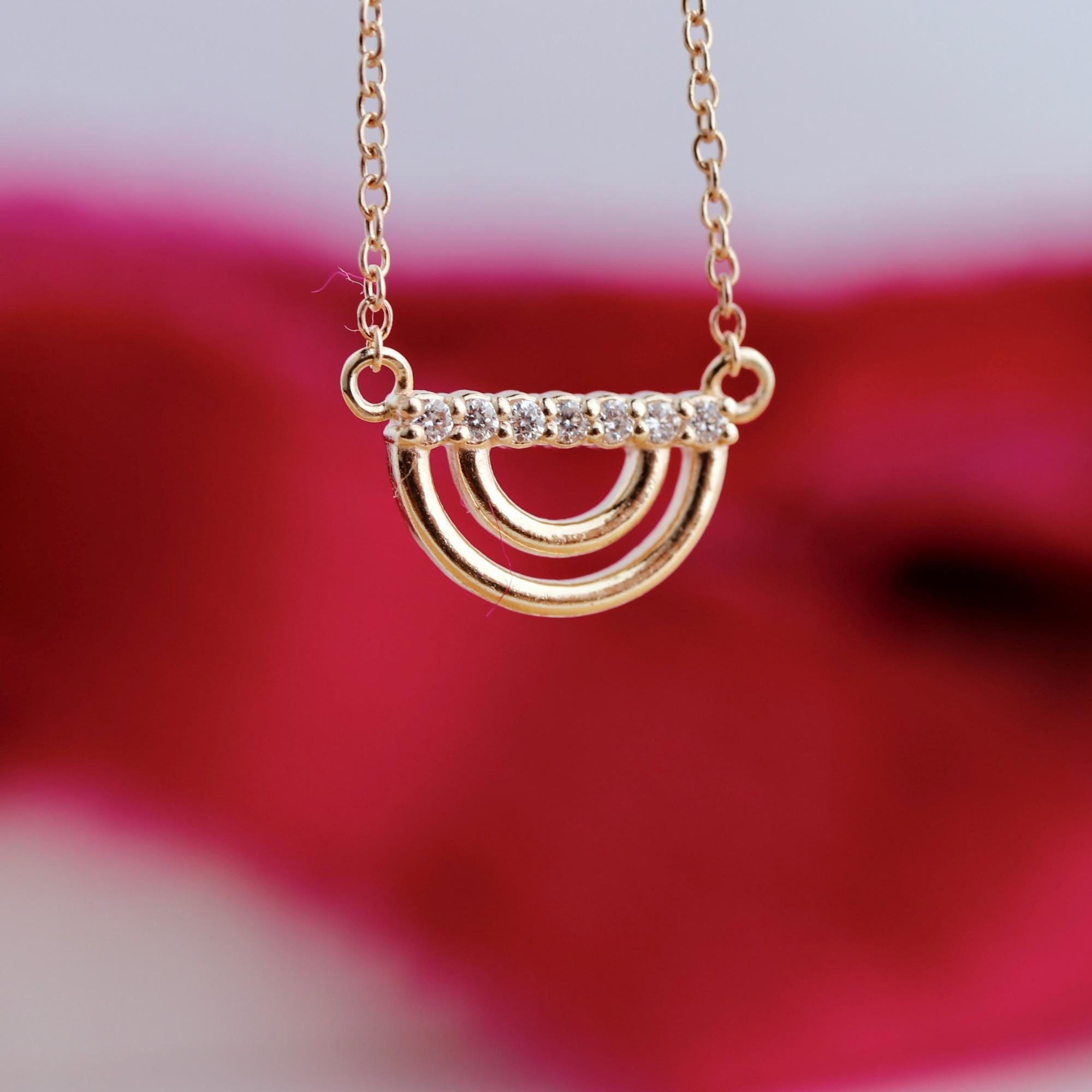 10K Solid Gold Diamond Rainbow Necklace, Lab Grown Diamond Pendant, Dainty Gold Necklace, Adjustable 16-20", Gift for Her