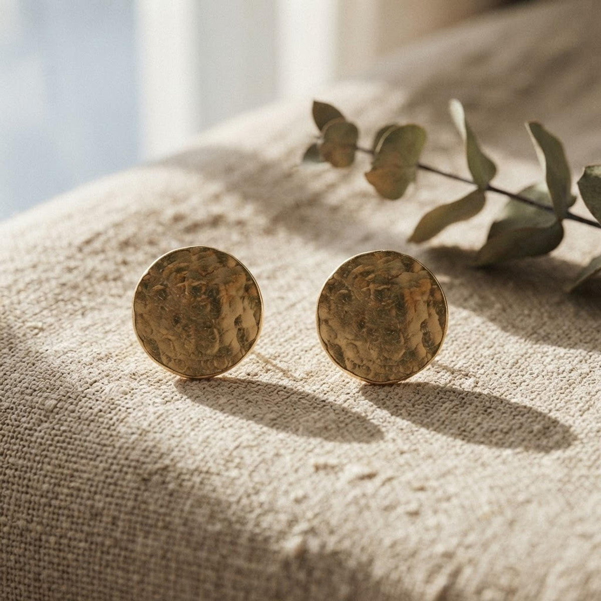Gold Disc Hammered Earrings, Gold Filled Stud Circle Earrings, Minimalist Geometric Disk Posts, Gift for Sister shown in an AI-generated listing photo