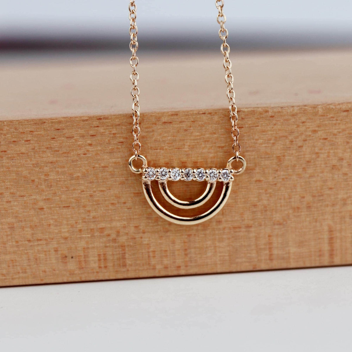 10K Solid Gold Diamond Rainbow Necklace, Lab Grown Diamond Pendant - Melt'm Jewelry
