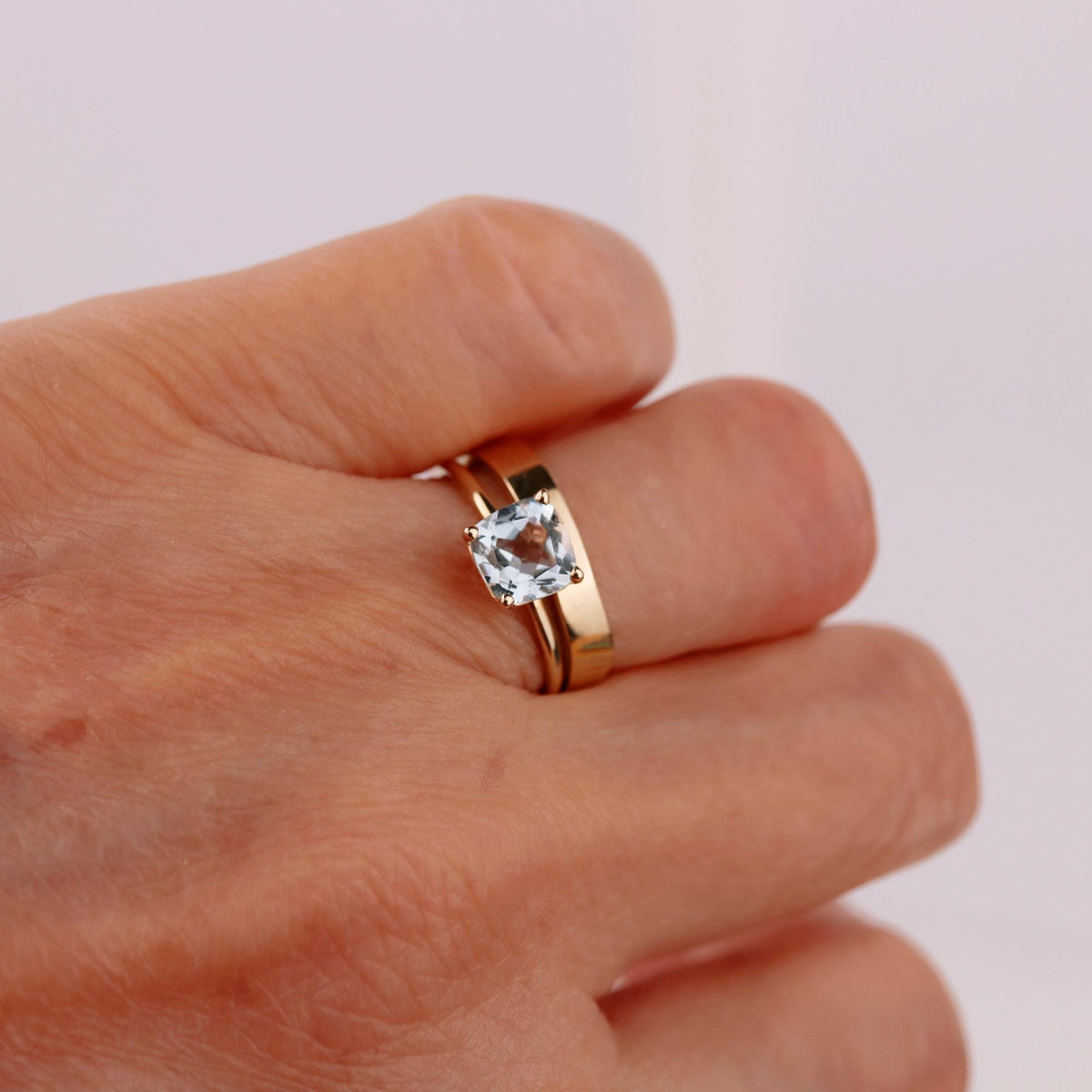 Cushion Cut Aquamarine Ring 14k Gold, Floral Basket Setting Ring