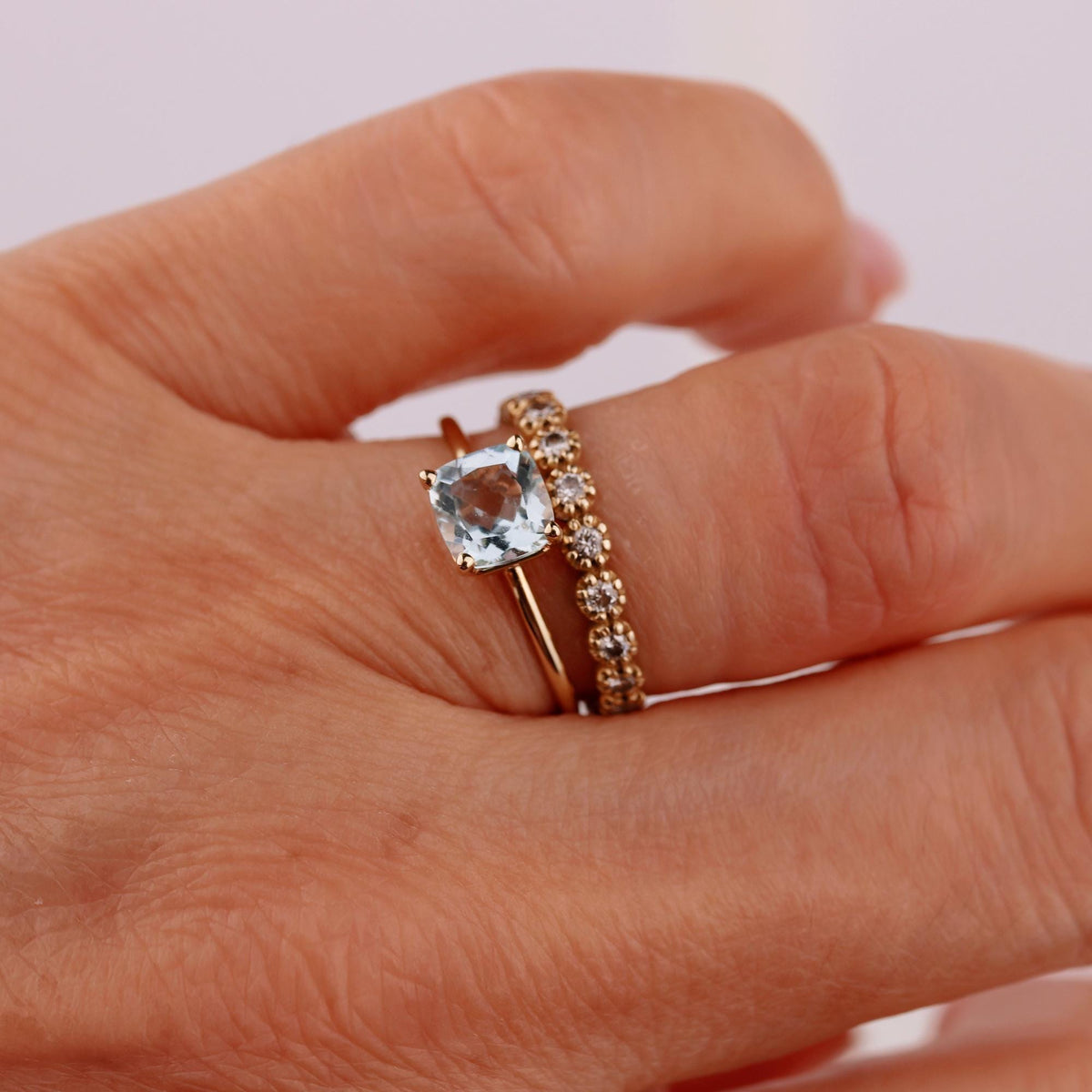 Cushion Cut Aquamarine Ring 14k Gold, Floral Basket Setting Ring
