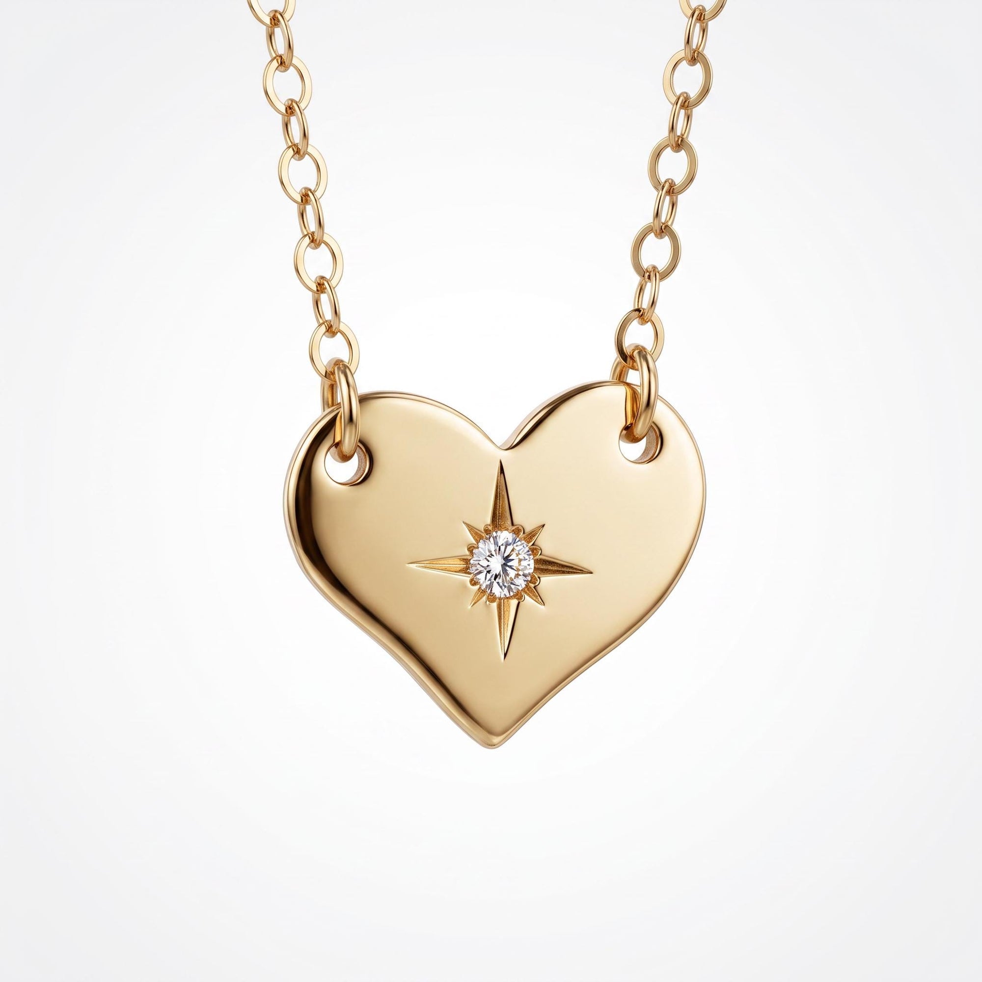 14K Solid Gold Heart Necklace, North Star Diamond Pendant, Natural Diamond Heart Necklace, Starburst Jewelry, Gift for Her - Melt'm Jewelry