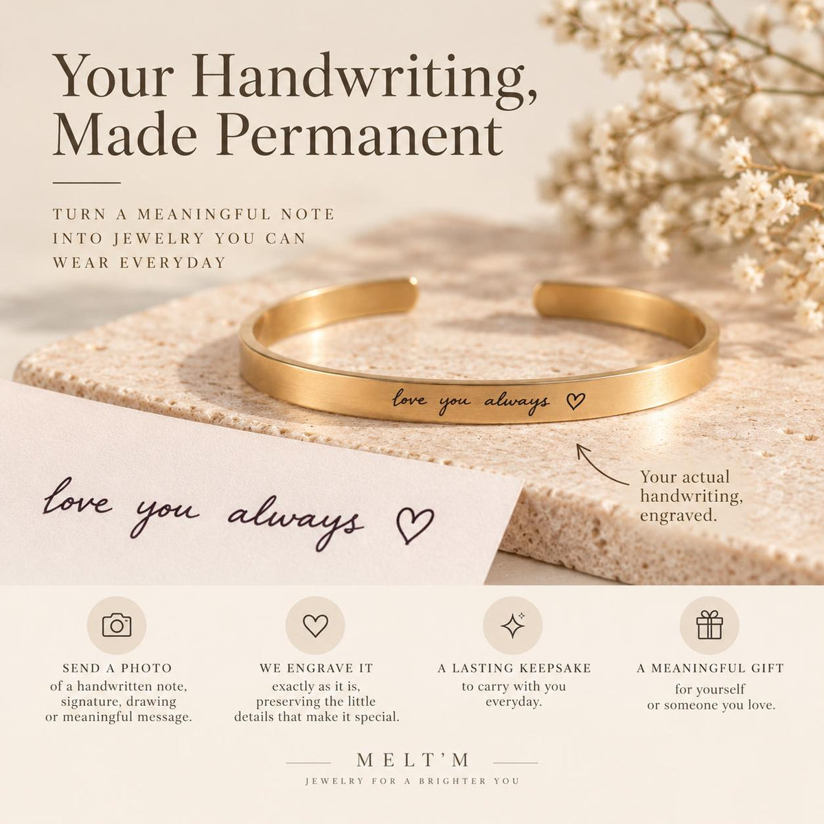 Custom Handwriting Cuff, 4mm Gold Filled Bracelet, Actual Handwriting Engraving, Personalized Memorial Jewelry