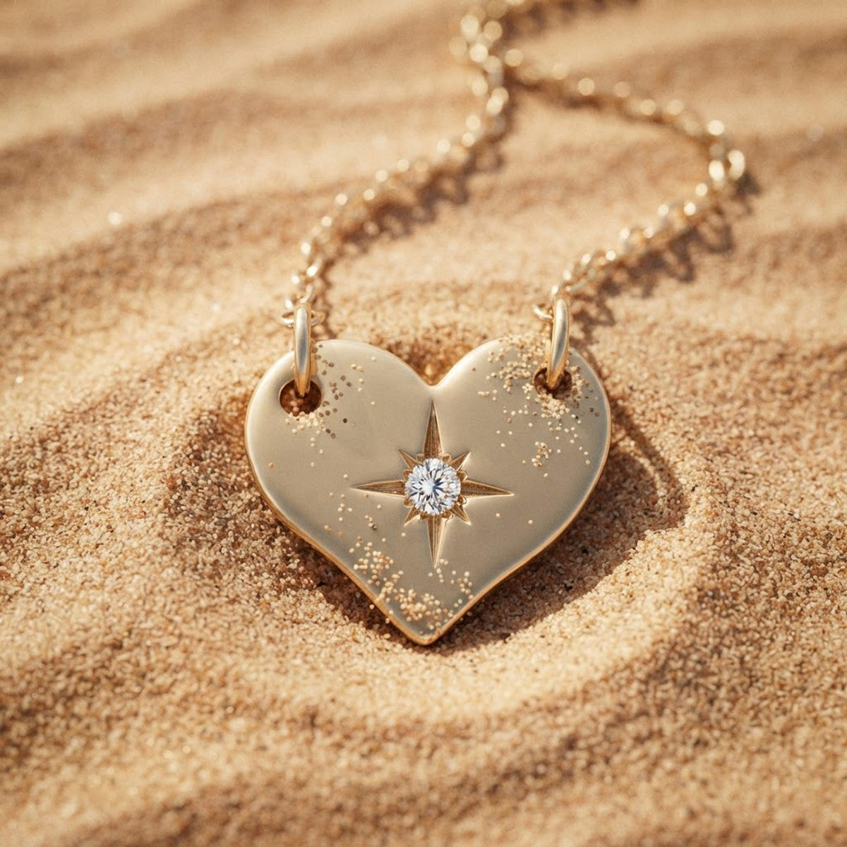 14K Solid Gold North Star Diamond Heart Pendant Necklace - Melt'm Jewelry