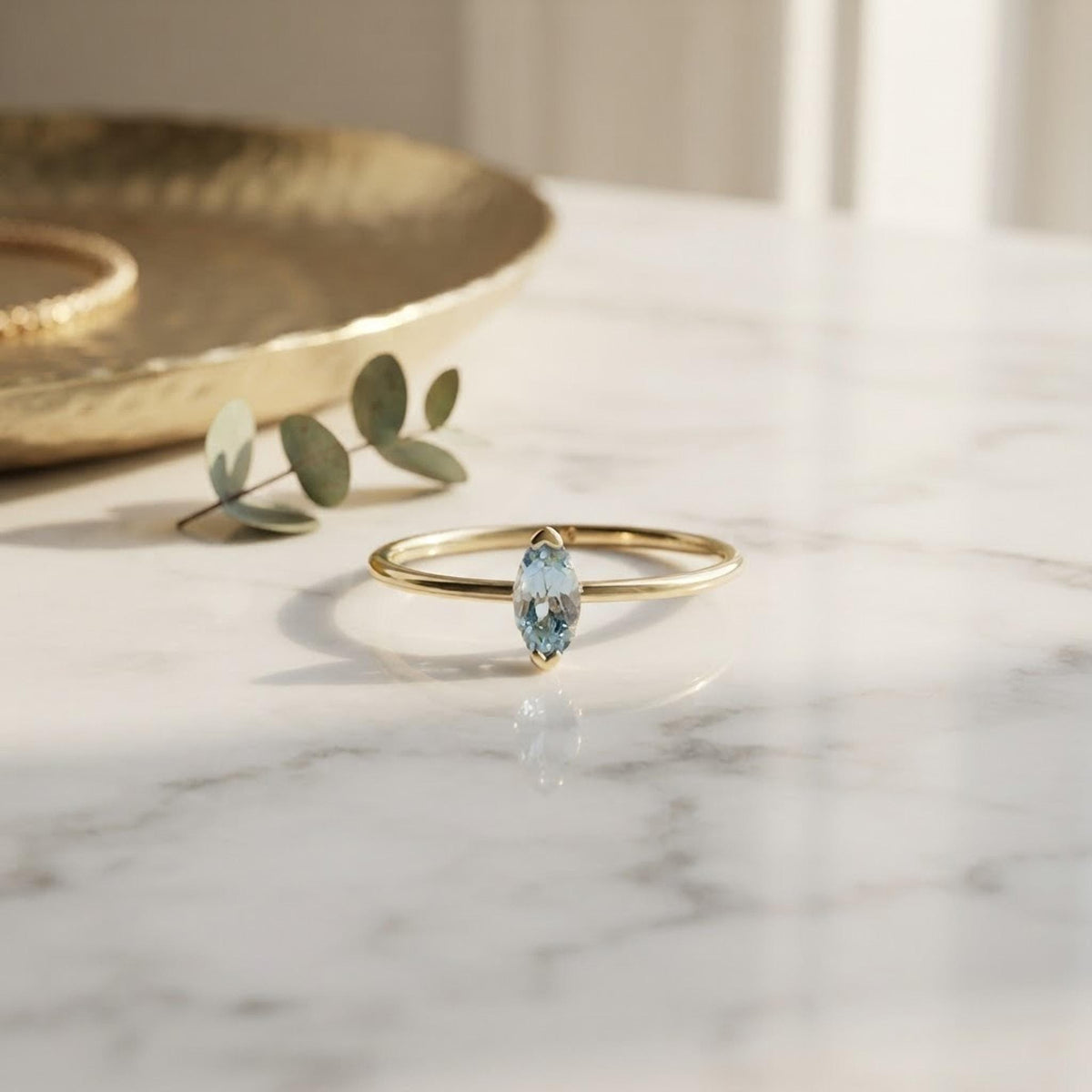 Marquise Cut Aquamarine Engagement Ring, 14k Gold March Birthstone Ring - Melt'm Jewelry