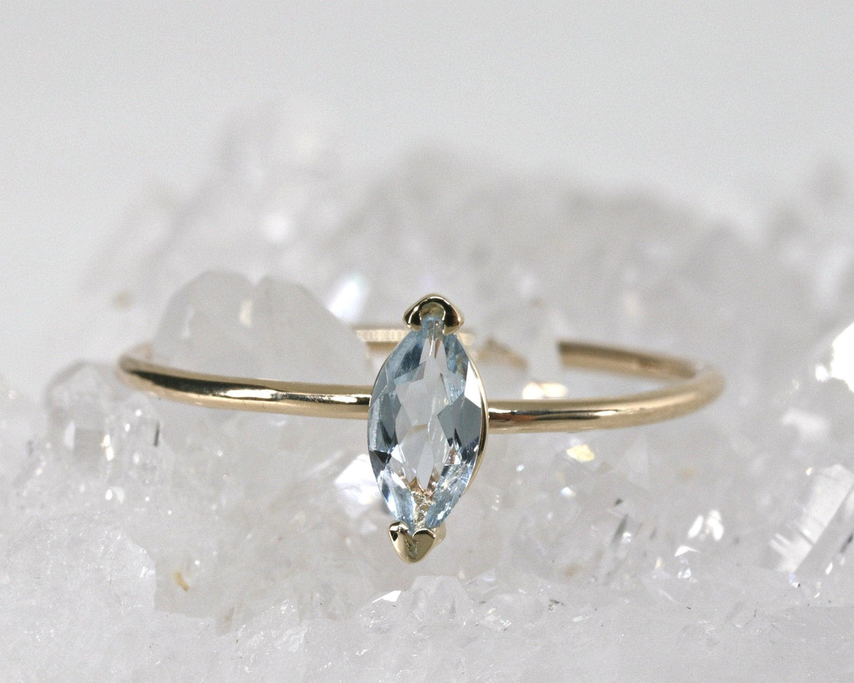 Marquise Cut Aquamarine Engagement Ring, 14k Gold March Birthstone Ring - Melt'm Jewelry