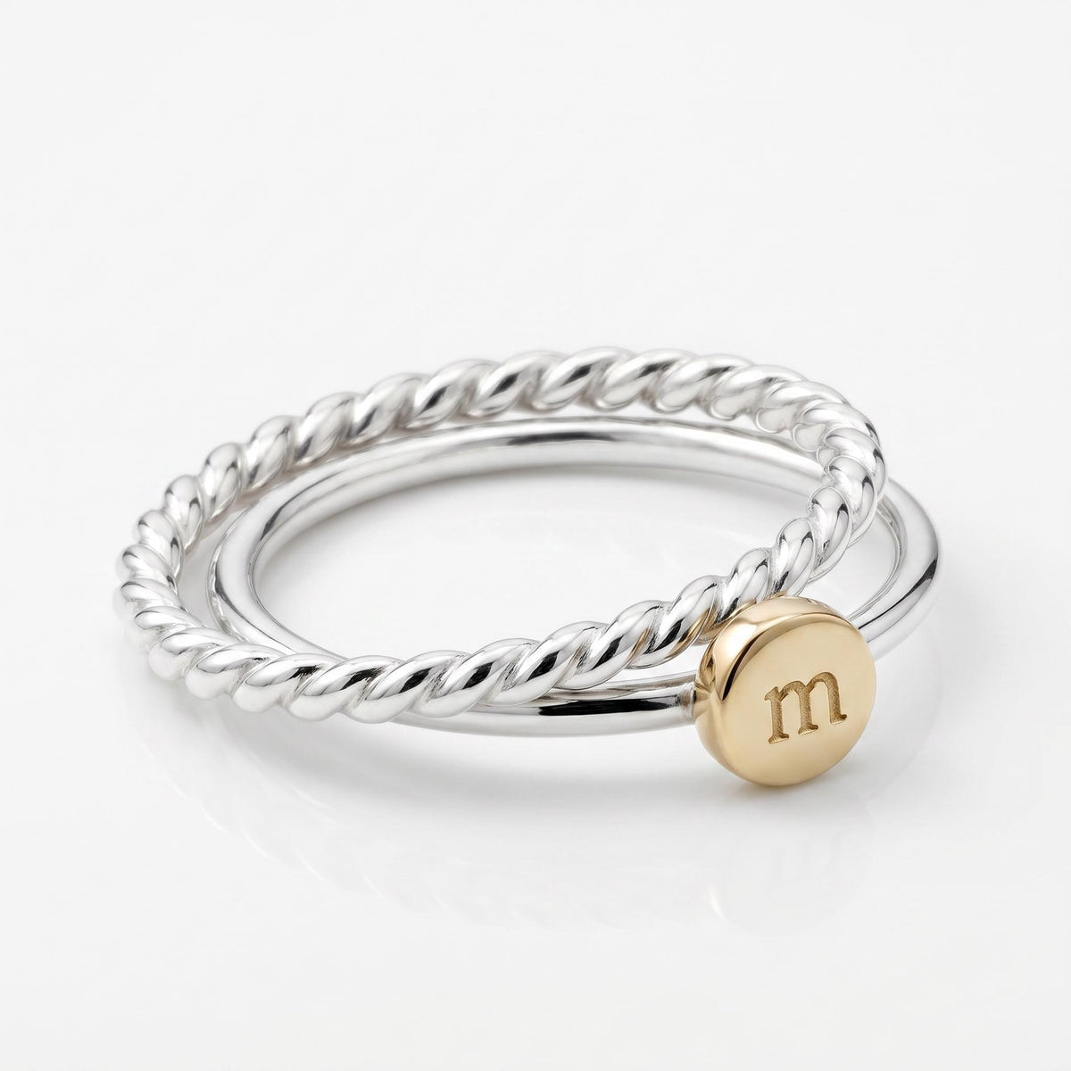 Solid 14k Gold Rustic Pebble Ring, Silver Band Gold Initial Ring - Melt'm Jewelry