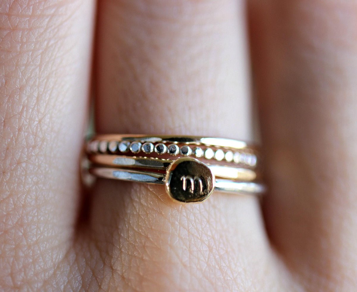 Solid 14k Gold Rustic Pebble Ring, Silver Band Gold Initial Ring - Melt'm Jewelry