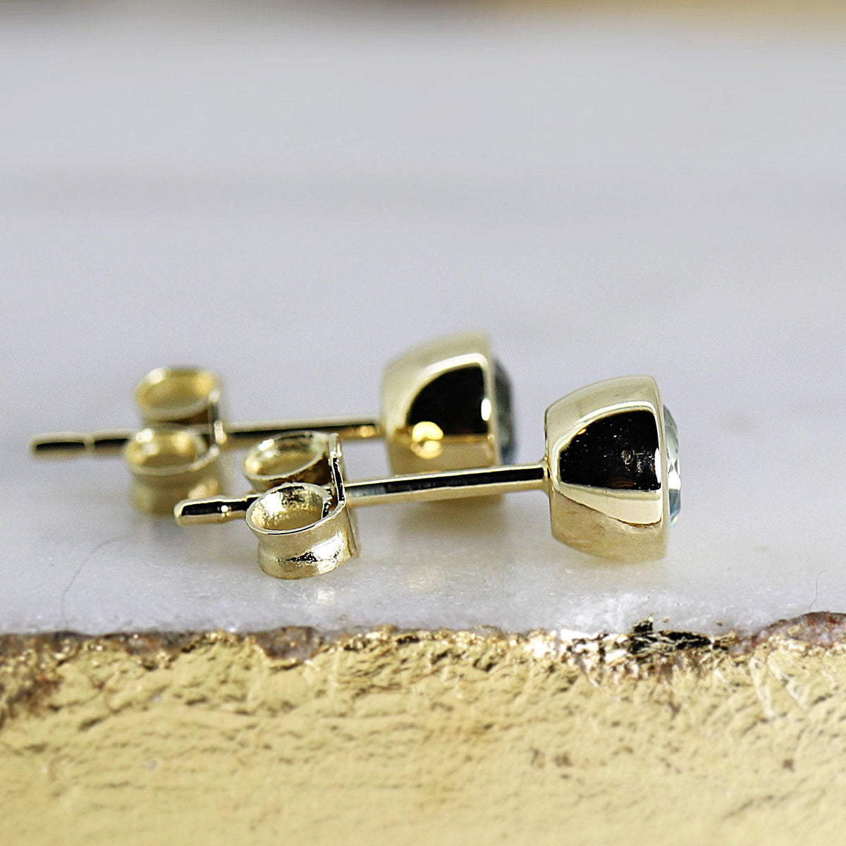 Round Aquamarine Bezel Earrings 14k Gold, Natural Aquamarine March Birthstone Studs - Melt'm Jewelry