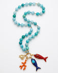Amazonite Charm Holder Necklace, 16 Inch Hand Knotted Silk Choker, Gold Filled Turquoise Blue Gemstone Bead Necklace with Removable Charms - Melt'm Jewelry