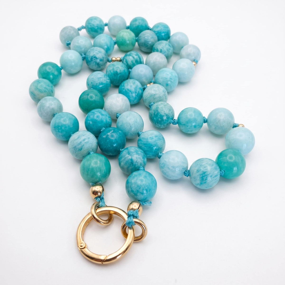 Amazonite Charm Holder Necklace, 16 Inch Hand Knotted Silk Choker, Gold Filled Turquoise Blue Gemstone Bead Necklace with Removable Charms - Melt'm Jewelry