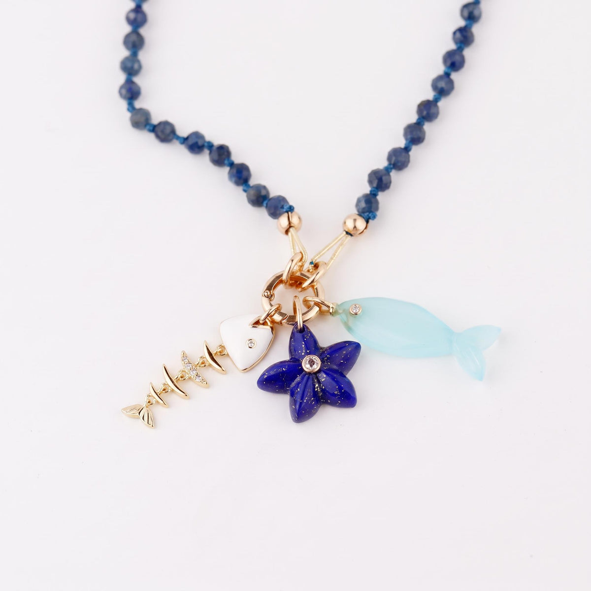 Natural Sapphire Necklace, Hand Knotted Gemstone Necklace, 4mm Blue Sapphire Beaded Necklace, Gold Filled Charm Holder, September Birthstone - Melt'm Jewelry