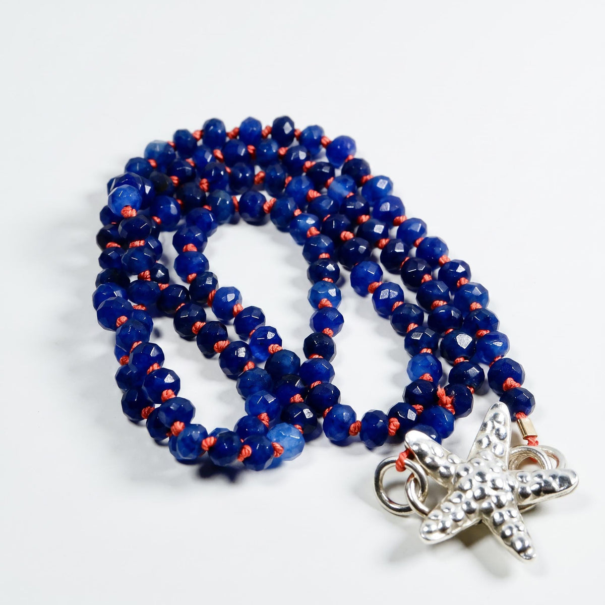 Lapis Lazuli Rondelle Necklace on Red Silk, 4.5mm Hand Knotted Strand with Sterling Silver Fish Star Clasp - Melt'm Jewelry