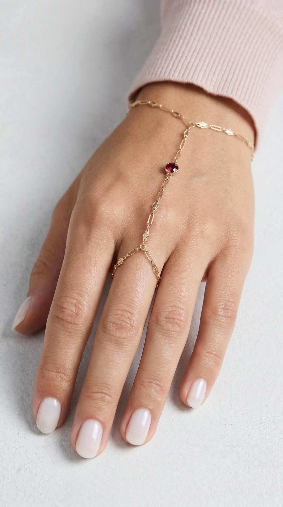 Gold Slave Bracelet, Garnet Hand Chain Bracelet - Melt'm Jewelry