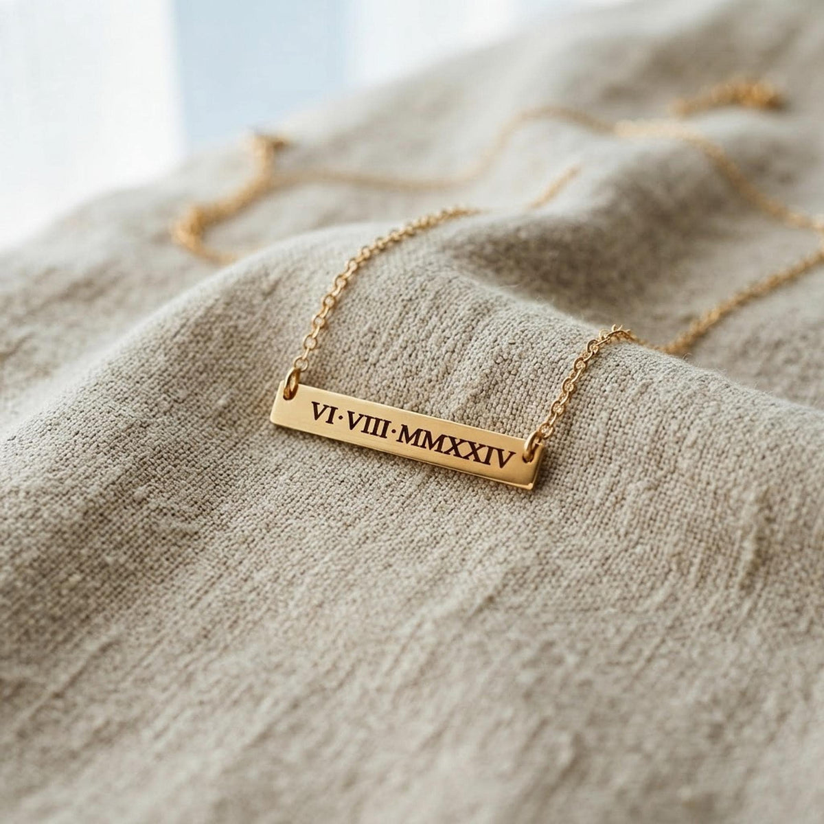 Roman Numeral Necklace Gold Filled or Silver, Custom Date Bar Necklace, Personalized Jewelry Gift for Daughter or Her shown in an AI-generated listing photo
