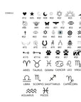 Catalog graphic displaying various symbols and zodiac signs numbered for customization.
