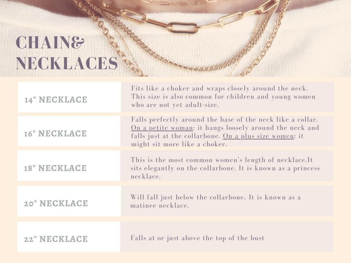 An informational graphic titled Chain and Necklaces describing how different necklace lengths from 14 inches to 22 inches fit.