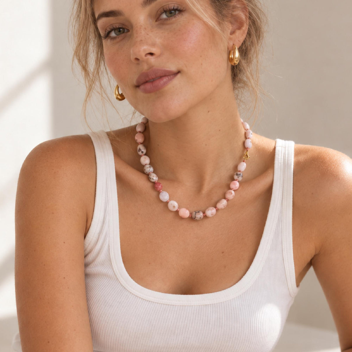Pink Opal Necklace, Hand Knotted Silk Gemstone Necklace, Natural Pink Opal Pebble Beads, Gold Filled Necklace, October Birthstone Jewelry - Melt'm Jewelry