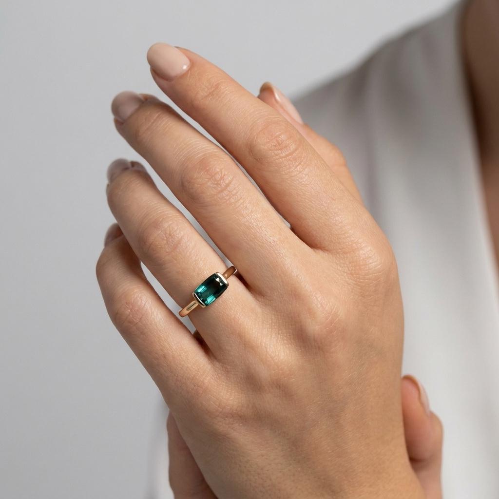 One of a Kind Green Tourmaline Ring, 14K Solid Gold Baguette Ring, October Birthstone Ring, East West Gemstone Ring - Melt'm Jewelry