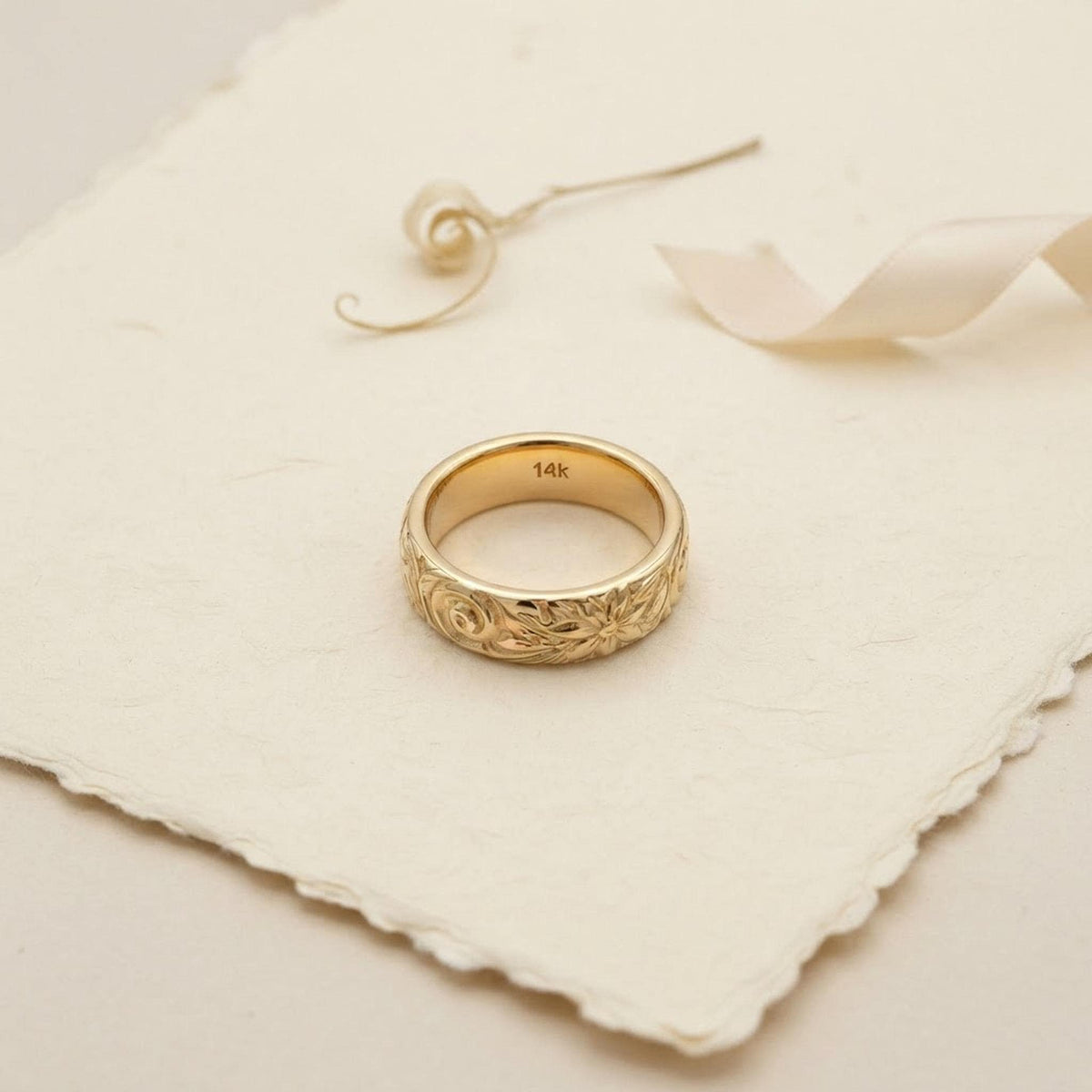 Nature Inspired Wedding Band 14k Solid Gold, Vintage Floral Ring, Wide Textured Gold Band, Botanical Wedding Ring, Gift for Her shown in an AI-generated listing photo