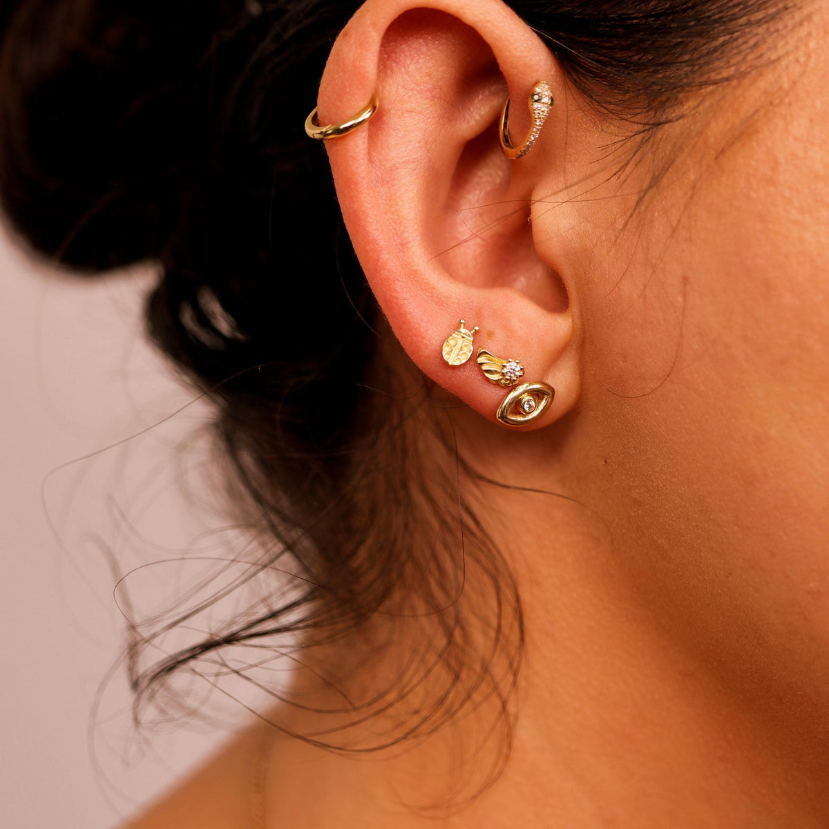 Evil Eye Flat Back Earrings 14k Solid Gold (SINGLE OR PAIR), Luck Symbol Stack Earrings - Melt'm Jewelry