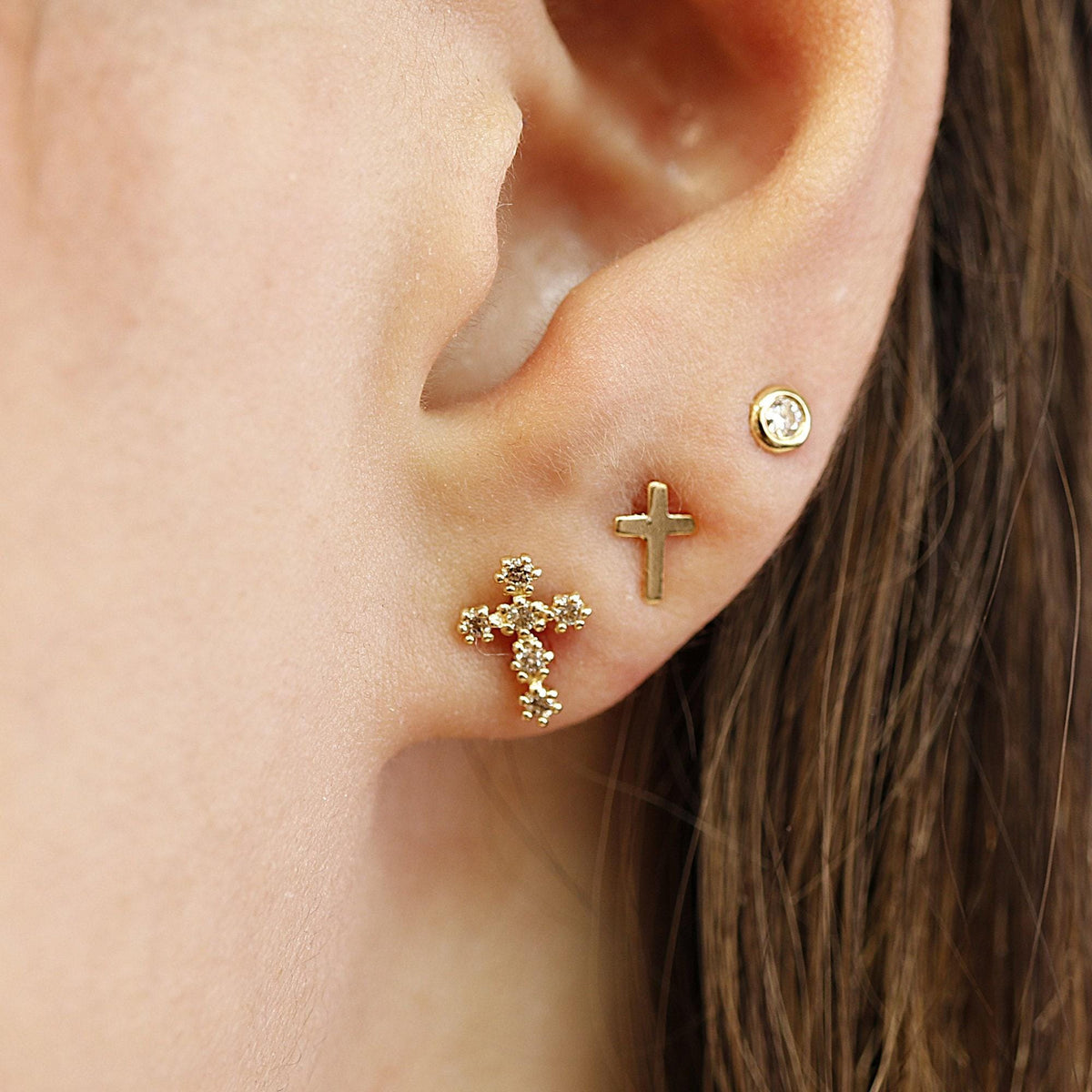 Tiny Cross Diamond Earrings in 14k Gold (SINGLE OR PAIR) - Melt'm Jewelry
