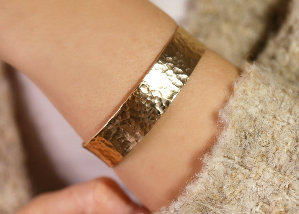 Wide Hammered Gold Cuff Bracelet Personalized - Melt'm Jewelry