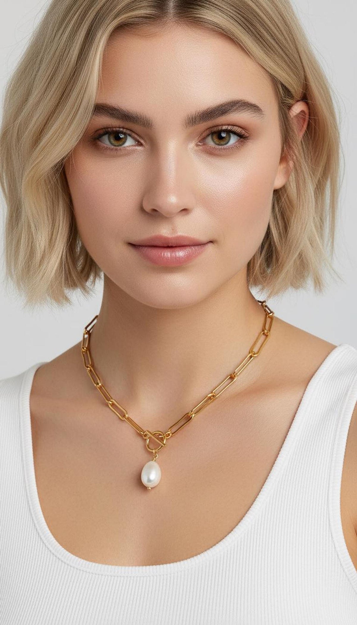 Close-up portrait of a woman wearing a gold link chain necklace featuring a dangling pearl pendant.