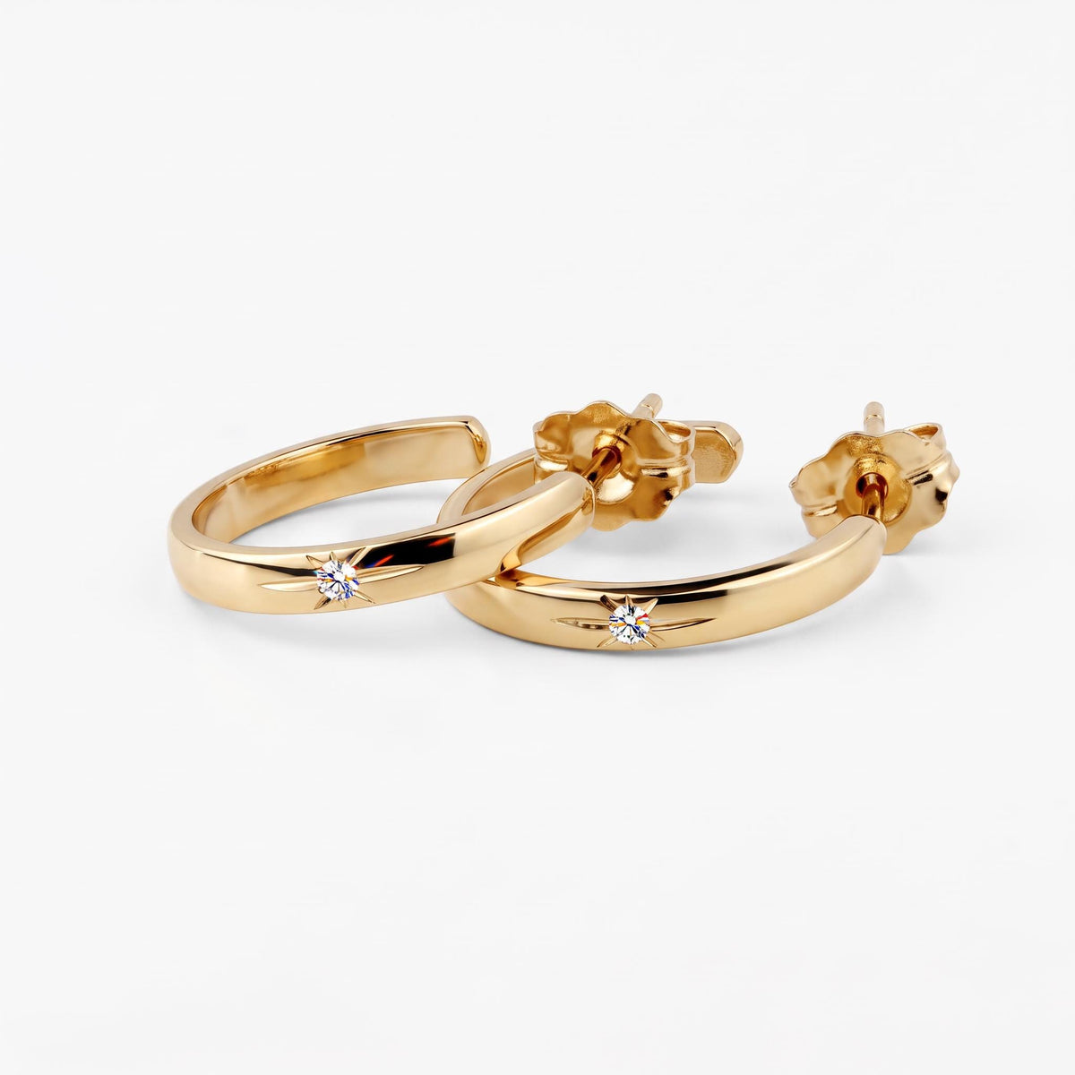 14K Solid Gold Diamond Open Hoop Earrings, C Shaped Gold Hoops, Star Set Diamond Earrings, Post Back Hoops, 14mm Gold Earrings