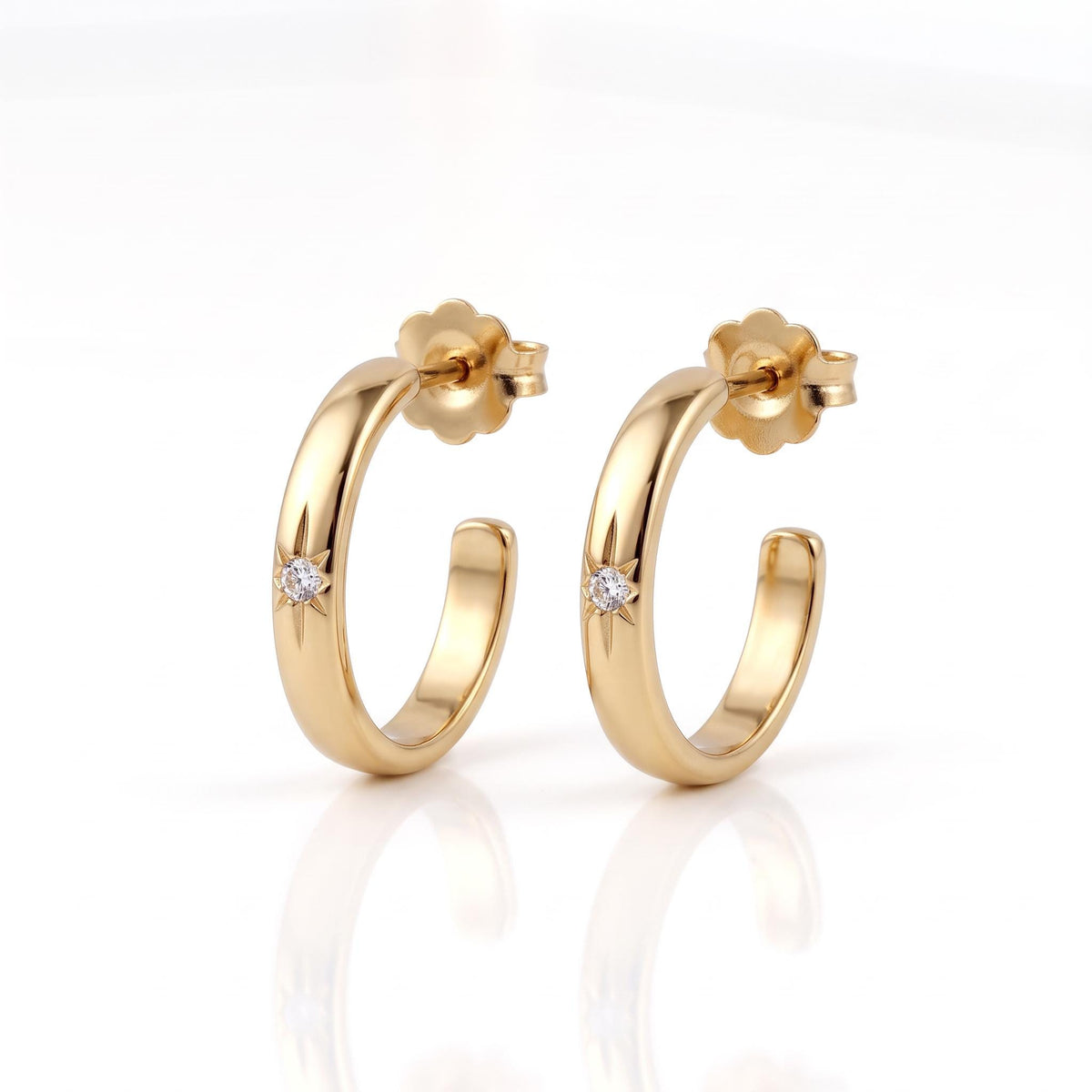 14K Solid Gold Diamond Open Hoop Earrings, C Shaped Gold Hoops, Star Set Diamond Earrings, Post Back Hoops, 14mm Gold Earrings