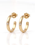 14K Solid Gold Diamond Open Hoop Earrings, C Shaped Gold Hoops, Star Set Diamond Earrings, Post Back Hoops, 14mm Gold Earrings