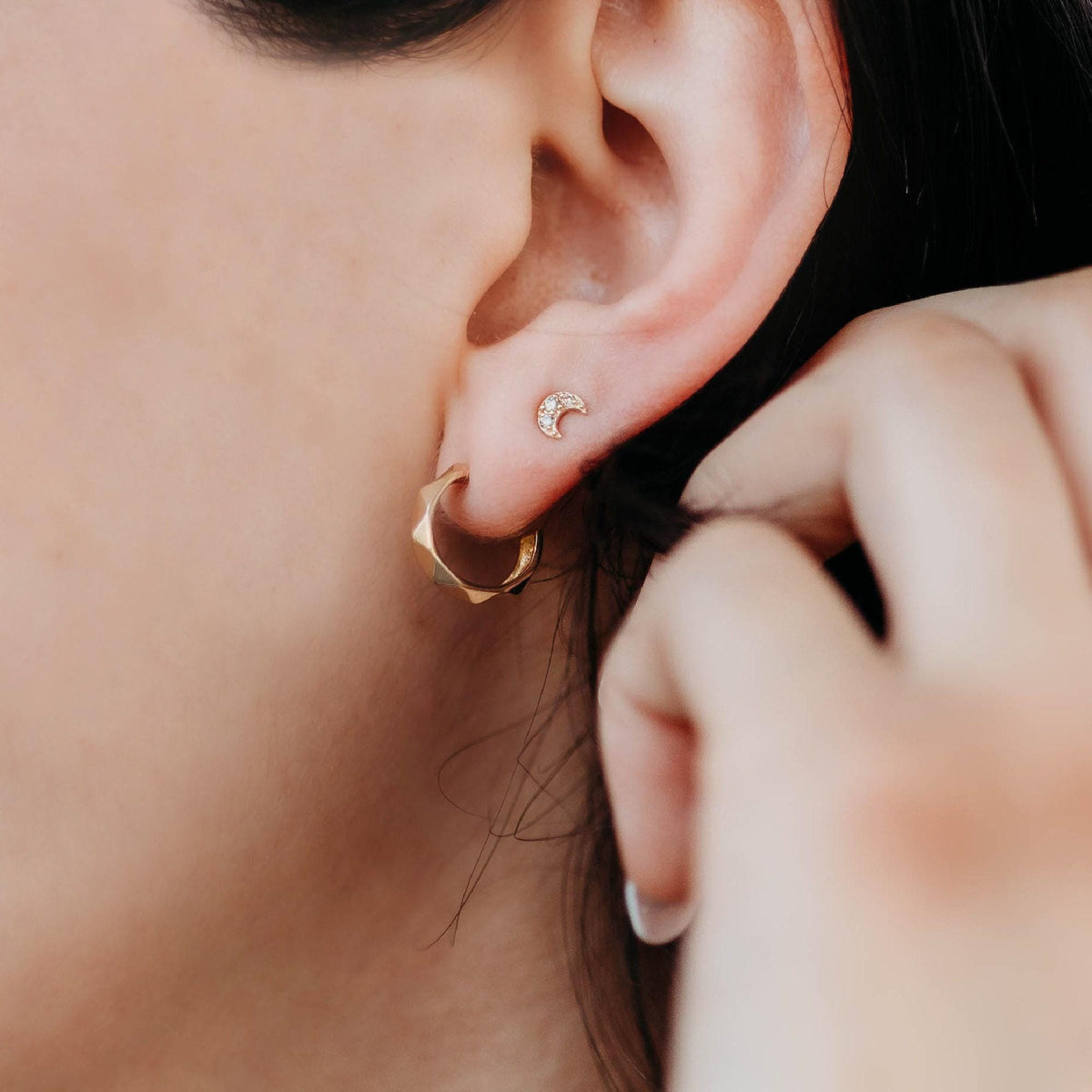 Champagne Diamond Crescent Moon Earrings 14k Solid Gold, Tiny Sailor Moon Studs, Celestial Jewelry Gift (Pair) - Melt'm Jewelry