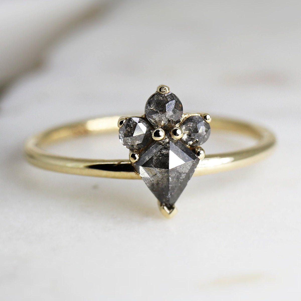 Rose Cut Kite Shape Salt and Pepper Diamond Ring in 14k Yellow Gold - Melt'm Jewelry