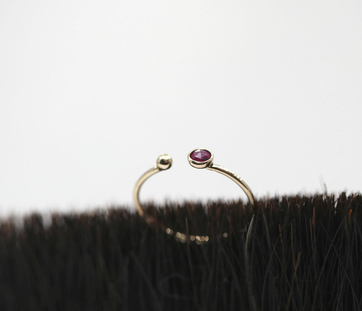 The gold open ring resting upright behind a patch of dark bristles against a white background.