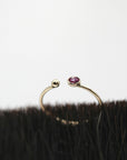 The gold open ring resting upright behind a patch of dark bristles against a white background.