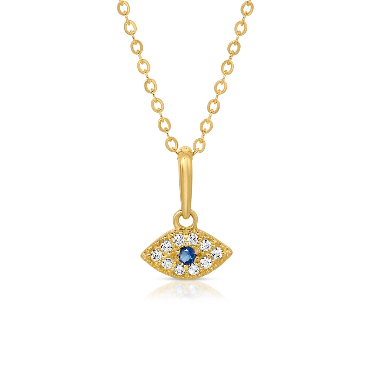 Gold evil eye pendant necklace with clear crystals and a blue center stone on a white background.