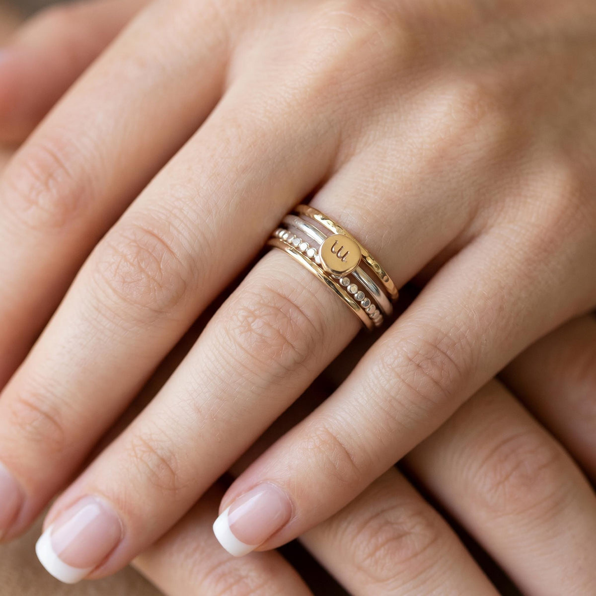 Solid 14k Gold Rustic Pebble Ring, Silver Band Gold Initial Ring - Melt'm Jewelry
