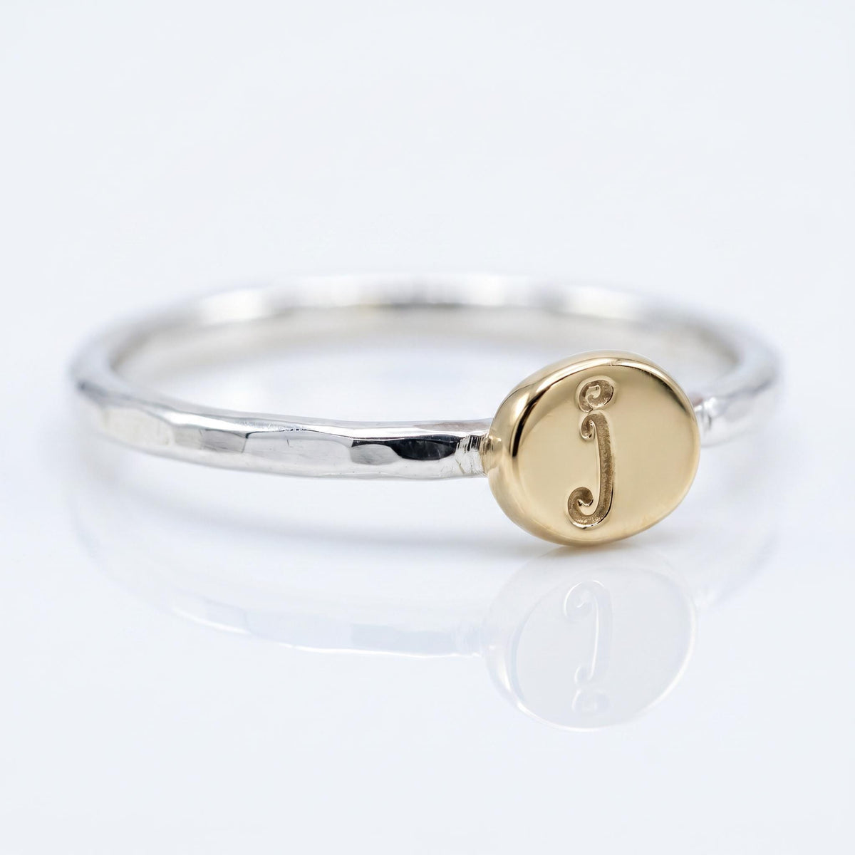 Solid 14k Gold Rustic Pebble Ring, Silver Band Gold Initial Ring - Melt'm Jewelry