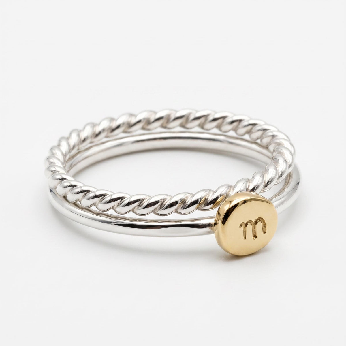 Solid 14k Gold Rustic Pebble Ring, Silver Band Gold Initial Ring - Melt'm Jewelry