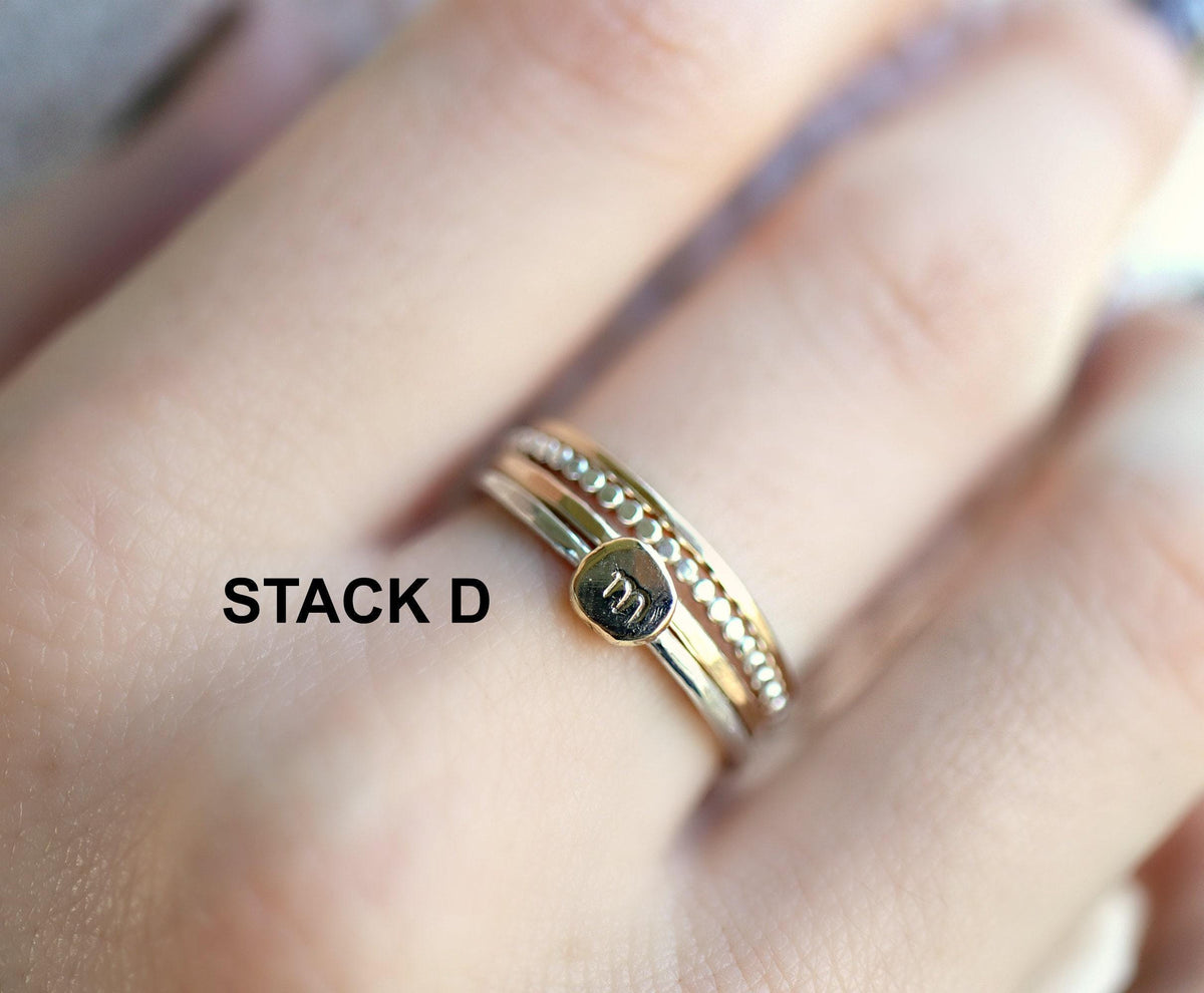 Solid 14k Gold Rustic Pebble Ring, Silver Band Gold Initial Ring - Melt'm Jewelry