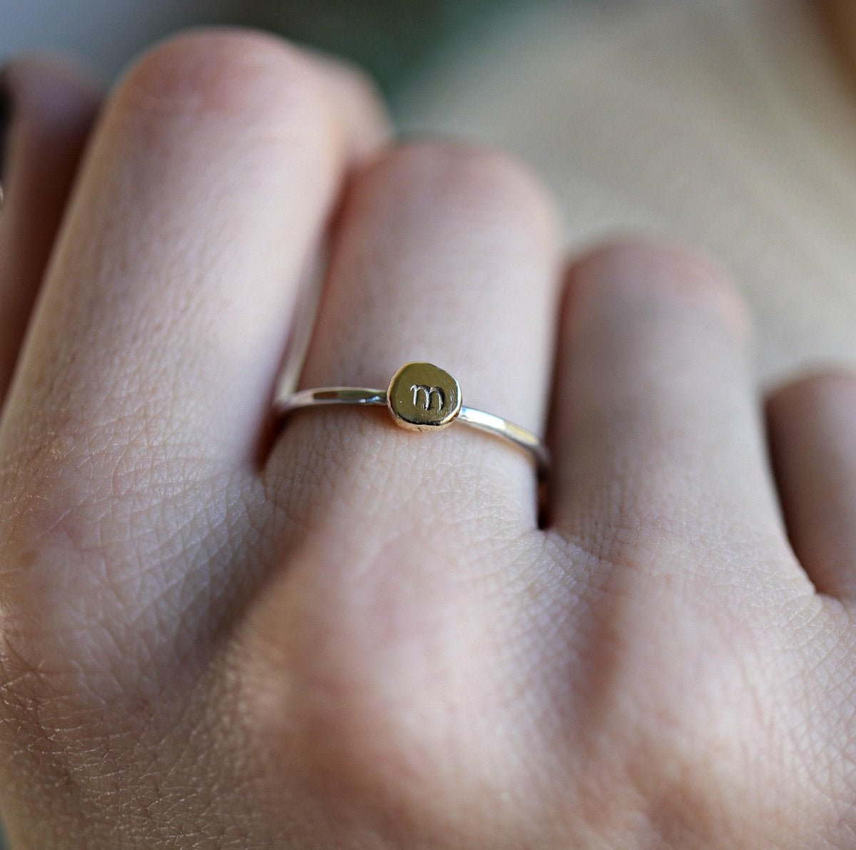 Solid 14k Gold Rustic Pebble Ring, Silver Band Gold Initial Ring - Melt'm Jewelry