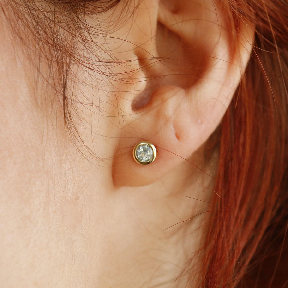 Round Aquamarine Bezel Earrings 14k Gold, Natural Aquamarine March Birthstone Studs - Melt'm Jewelry