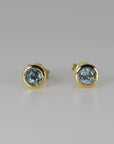 Round Aquamarine Bezel Earrings 14k Gold, Natural Aquamarine March Birthstone Studs - Melt'm Jewelry