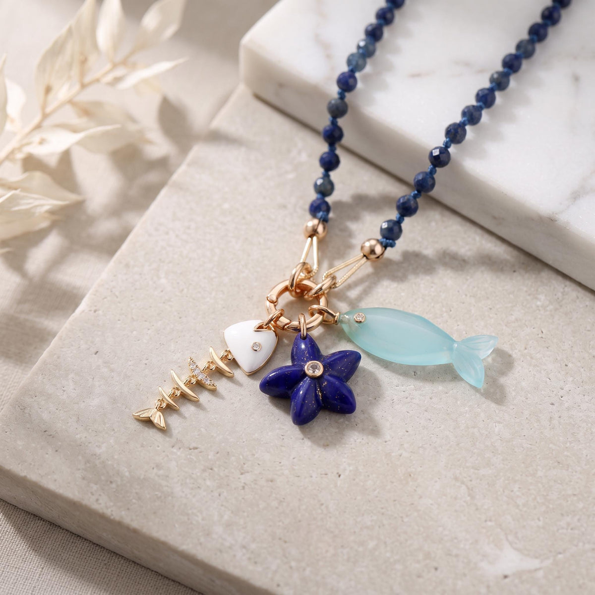 Natural Sapphire Necklace, Hand Knotted Gemstone Necklace, 4mm Blue Sapphire Beaded Necklace, Gold Filled Charm Holder, September Birthstone - Melt'm Jewelry