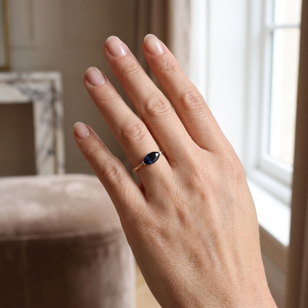 Natural Blue Sapphire Ring, 14K Solid Gold Marquise Sapphire Ring, East West Ring, September Birthstone, Minimalist Gold Ring - Melt'm Jewelry