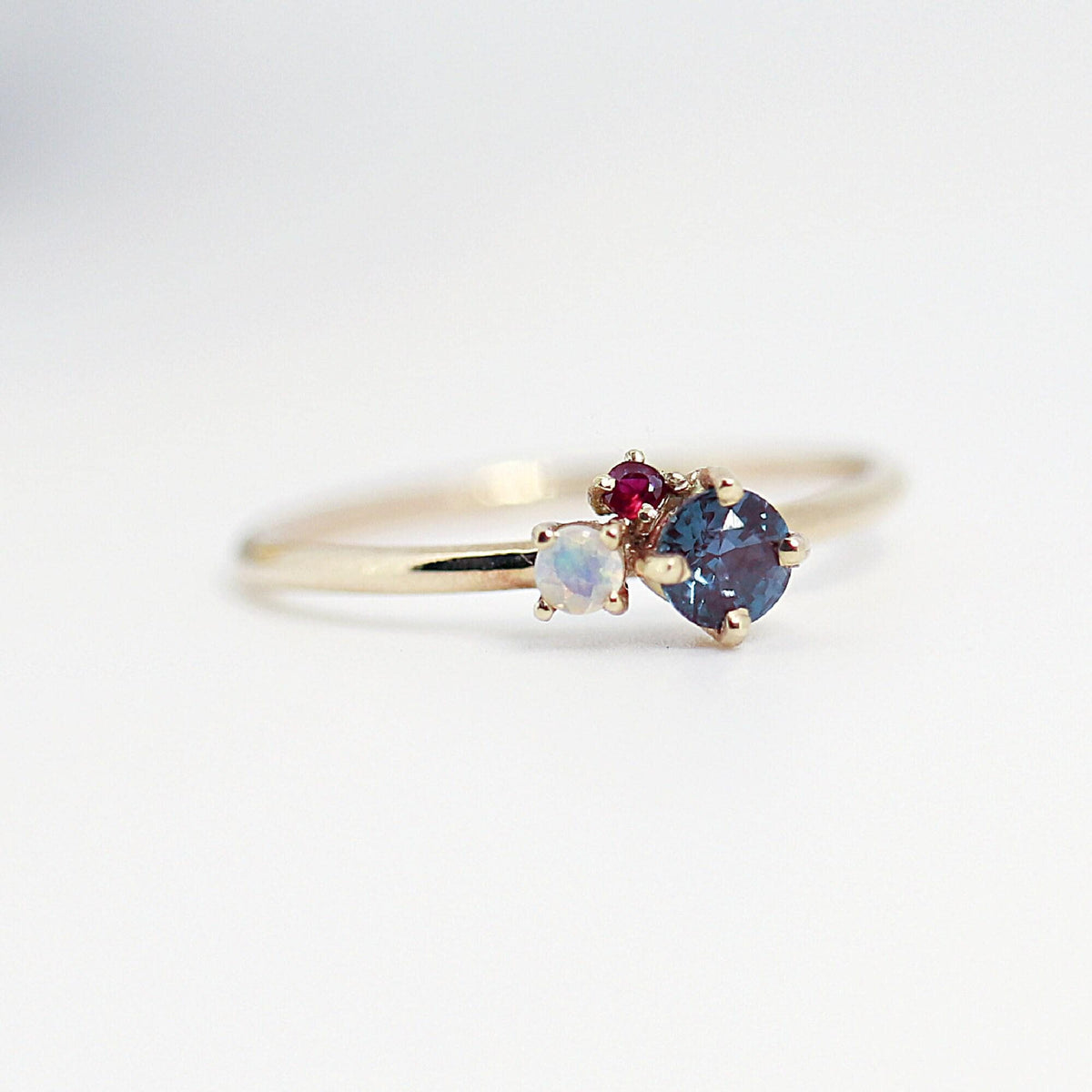 Dainty Cluster Gemstone Promise Ring with Alexandrite, Opal, Ruby - Melt'm Jewelry
